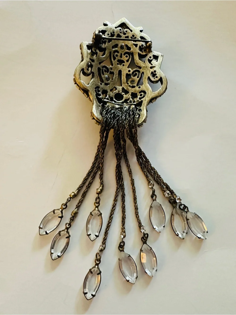Banana Republic Broach Pin Vintage Dark Metal Filigree Chain Marquee Rhinestones